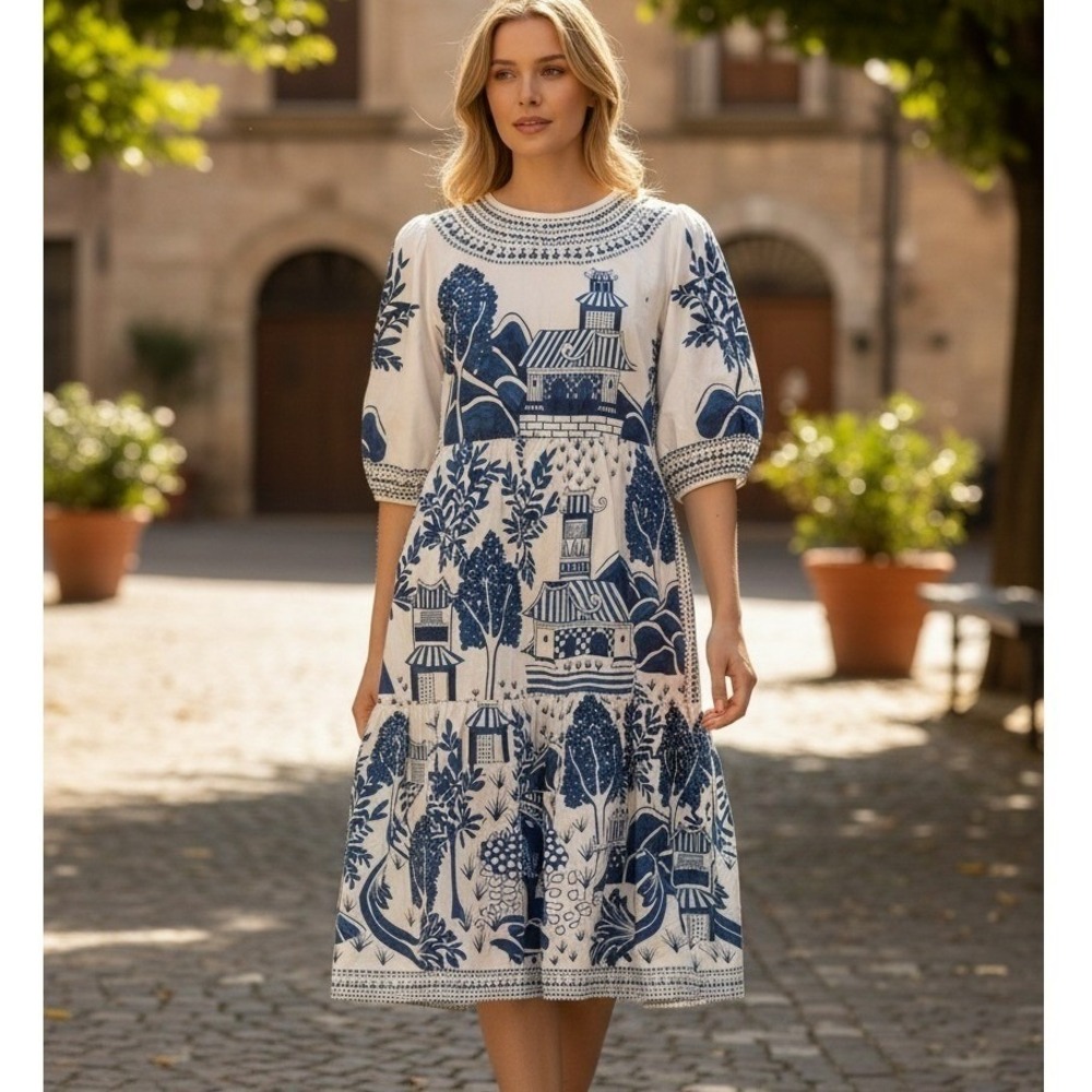 Farm Rio NWT Ancient Garden toile Pagoda Tiered Midi Dress SZSM White Blue Puff - Picture 1 of 14